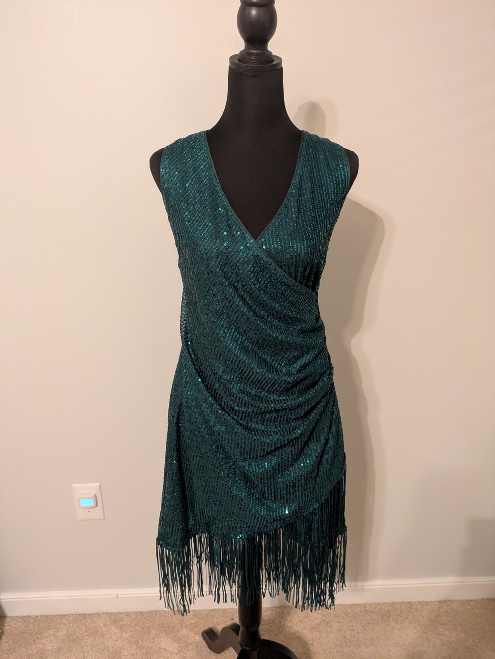 Chickme Emerald Sequin Fringe V-Neck Wrap Dress Size XL Sleeveless Party Formal